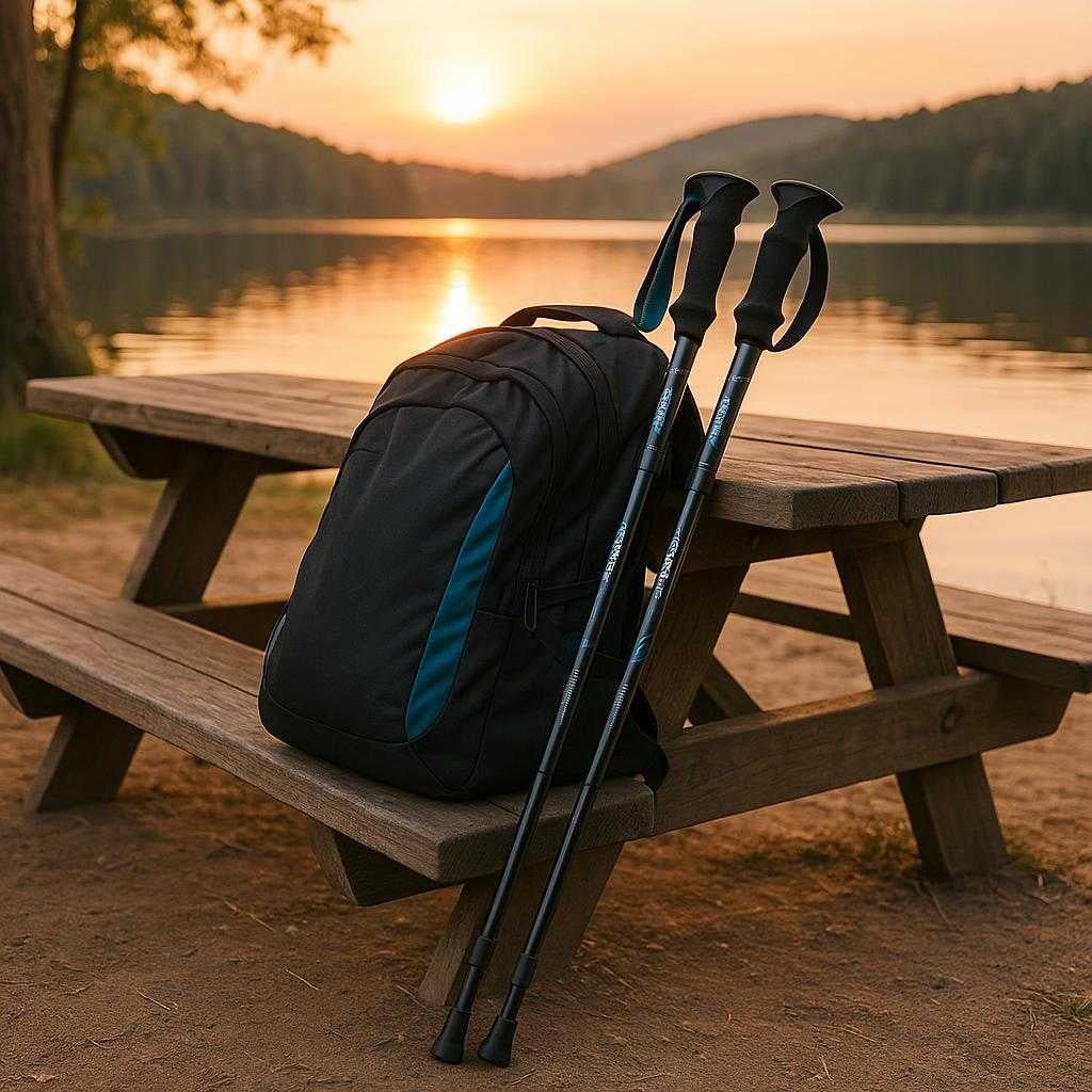 letvgt-vandrestave-i-aluminium-justerbare-og-sam_15205682577795_scene2 Letvægt vandrestave i aluminium - Justerbare og sammenfoldelige stave til hiking og trekking i sort, rød og blå: A different realistic setting at a campsite by a serene lake.