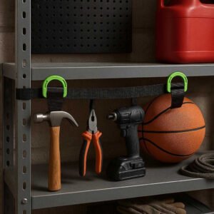 Løftestrop i Grøn Nylon og Plastik - Reducerer Skader, Forbedrer Effektivitet: A realistic home garage setting where the Løftestrop i Grøn Nylon og Plastik is securely positioned on a metal shelf, being used to organize and hold various tools and sports equipment.