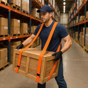 Løftestropper i Slidstærkt Nylon - Professionel Støtte til Tunge Løft i Orange. In a bustling warehouse, a mover efficiently lifts a hefty wooden crate using bright orange nylon lift straps wrapped securely around it, showcasing their sturdy support.