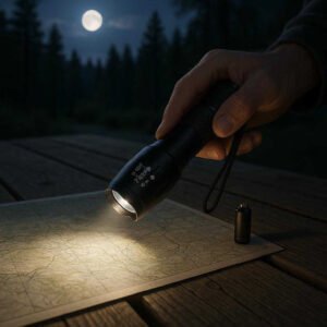 Lommelygte med Justerbart Lys og Høj Lysstyrke i Sort - Kraftig og Kompakt Design til Udendørs Brug: A realistic camping setting where the flashlight is properly grounded on a picnic table, being actively used by a person's hand to illuminate a map under the moonlight, with natural lighting casting realistic shadows and showing clear contact points where the product touches the wooden surface.