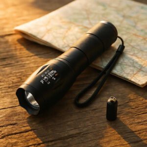 Lommelygte med Justerbart Lys og Høj Lysstyrke i Sort - Kraftig og Kompakt Design til Udendørs Brug. A close-up of the compact black flashlight sitting on a rustic wooden table next to an open map, ready for an outdoor adventure, with soft morning light filtering in.