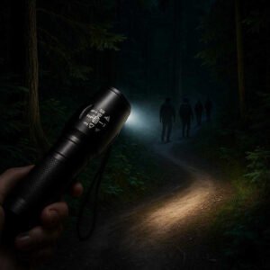 Lommelygte med Justerbart Lys og Høj Lysstyrke i Sort - Kraftig og Kompakt Design til Udendørs Brug. The powerful black flashlight illuminates a winding forest trail during a nighttime hike, casting a bright, adjustable beam that guides the way for a group of adventurers.