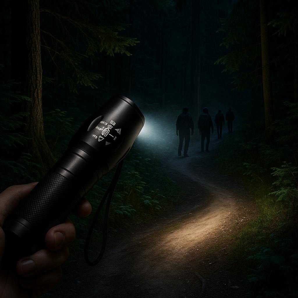 lommelygte-med-justerbart-lys-og-hj-lysstyrke-i-sort-kraftig-og-kompakt-design-til-udendrs-brug-the-powerful-black-flashlight-illuminates_15251728466307_scene1 Lommelygte med Justerbart Lys og Høj Lysstyrke i Sort - Kraftig og Kompakt Design til Udendørs Brug. The powerful black flashlight illuminates a winding forest trail during a nighttime hike, casting a bright, adjustable beam that guides the way for a group of adventurers.