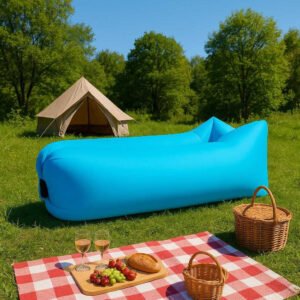 Luftsofa – Oppustelig Sofa til Strand, Camping, Outdoor i Blå, Grøn, Orange, Sort. The blue inflatable sofa is set up in a lush green campsite, with a cozy picnic setup and a tent in the background under the clear blue sky.