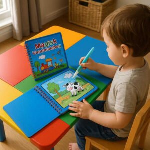 Magisk Vandmalebog – Genanvendelig og Farverig Leg for Børn: A realistic playroom setting where the Magisk Vandmalebog is properly grounded on a colorful children's table, being actively used by a small child with a water-filled brush.