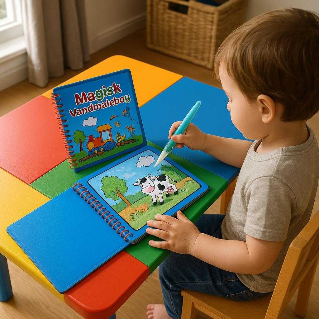 magisk-vandmalebog-genanvendelig-og-farverig-leg_15220995883395_scene1 Magisk Vandmalebog – Genanvendelig og Farverig Leg for Børn: A realistic playroom setting where the Magisk Vandmalebog is properly grounded on a colorful children's table, being actively used by a small child with a water-filled brush.