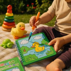 Magisk Vandmalebog – Genanvendelig og Farverig Leg for Børn: A different realistic outdoor garden setting where the Magisk Vandmalebog is securely positioned on a picnic blanket, naturally placed alongside a few other playful toys.