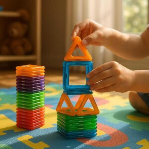 Magnetisk Byggesæt til Børn – 50 Farverige Dele med Figurer og Kreativ Leg: A realistic children's playroom setting where the Magnetisk Byggesæt is properly grounded on a colorful playmat, being actively used by a small child's hands to build a creative structure.