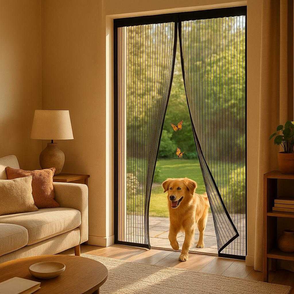 magnetisk-insektnet-effektiv-beskyttelse-mod-insekter-med-nem-adgang-og-elegant-design-a-cozy-living-room-with_15233376256387_scene1 Magnetisk insektnet – Effektiv beskyttelse mod insekter med nem adgang og elegant design. A cozy living room with an open patio door leading to a sunlit garden, where the magnetisk insektnet is seamlessly attached to the door frame. The net gently billows in a light breeze, allowing a family dog to trot through easily, while butterflies are seen hovering just outside. The warm, golden afternoon light highlights the elegant design and protective features of the net, creating a welcoming indoor-outdoor flow.