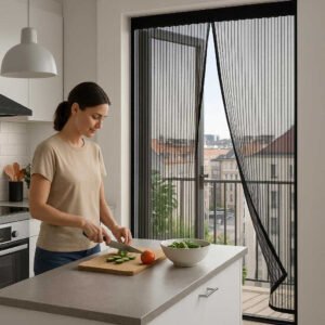 Magnetisk insektnet – Effektiv beskyttelse mod insekter med nem adgang og elegant design. A modern, chic kitchen opening to a balcony with a view of a bustling cityscape, where the magnetisk insektnet is securely fastened. A person casually prepares a meal at the counter, enjoying the fresh air without the nuisance of insects. The net's sleek and minimalist striped design complements the contemporary decor of the kitchen, and natural daylight filters in, emphasizing its practicality and aesthetic appeal.
