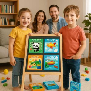 Magnetisk Puslespil til Børn - Interaktiv Læring og Underholdning med Farverige Brikker. A lively family living room showcases kids proudly displaying their completed magnetic puzzles on an easel, with parents admiring in the background, surrounded by books and toys.
