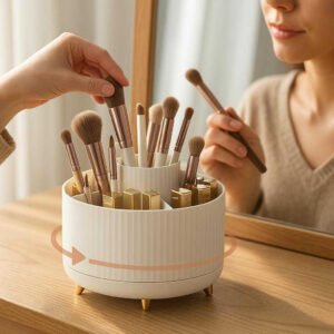 Makeup Organizer med 360° Rotation - Moderne og Funktionel Opbevaring til Kosmetik og Pensler - Tilgængelig i 5 Farver: A realistic vanity setting where the makeup organizer is properly grounded on a wooden vanity table, being actively used by a person applying makeup.