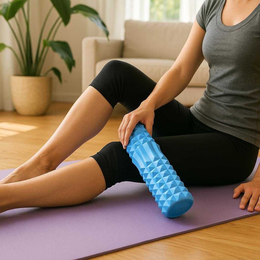 massagerulle-med-dybdegende-struktur-i-bl-lilla-lyserd-sort-professionel-restitution-komfort-a-person-uses-the-blue_15247762194819_scene1 Massagerulle med Dybdegående Struktur i Blå, Lilla, Lyserød, Sort – Professionel Restitution & Komfort. A person uses the blue textured massage roller on their leg muscles, sitting on a yoga mat in a bright, airy living room with sunlight streaming in and plants nearby.