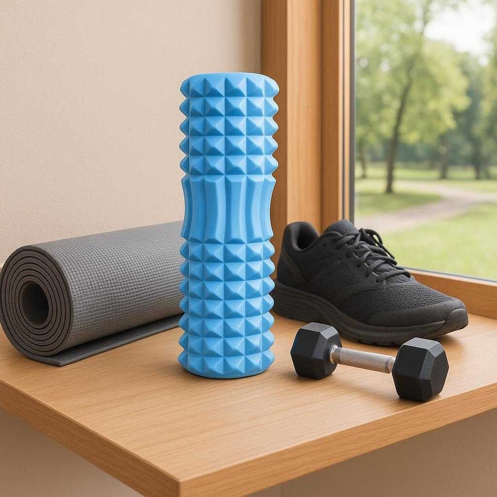 massagerulle-med-dybdegende-struktur-i-bl-lilla-lyserd-sort-professionel-restitution-komfort-the-blue-massage-roller-rests_15247762194819_scene2 Massagerulle med Dybdegående Struktur i Blå, Lilla, Lyserød, Sort – Professionel Restitution & Komfort. The blue massage roller rests on a wooden shelf beside gym gear, with a window overlooking a scenic park view in the background, evoking a sense of relaxation and wellness.