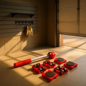 Møbelrullesæt i Rød Design – Høj Kvalitet og Effektivitet til Nem Møbelflytning. The red furniture mover set is showcased neatly in a tidy garage, catching sunlight streaming through an open door, emphasizing its role as a sleek and essential tool for any DIY enthusiast's collection.