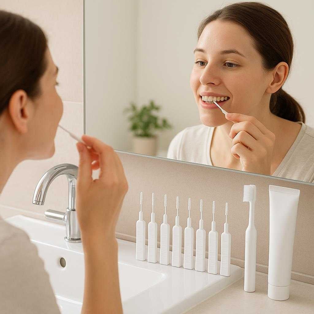 mellemrumsbrster-til-effektiv-tandrensning-10-st_15224089411971_scene1 Mellemrumsbørster til Effektiv Tandrensning - 10 stk i Hvid Farve, Ideel til Daglig Brug og Rejser: A modern, brightly lit bathroom setting, where the product is neatly placed next to a sink alongside a toothbrush and toothpaste.