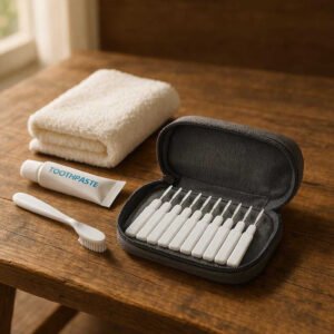 Mellemrumsbørster til Effektiv Tandrensning - 10 stk i Hvid Farve, Ideel til Daglig Brug og Rejser: A compact travel pouch on a rustic wooden table, where the product is carefully packed alongside other travel essentials like a small towel, travel-sized toothpaste, and a toothbrush.