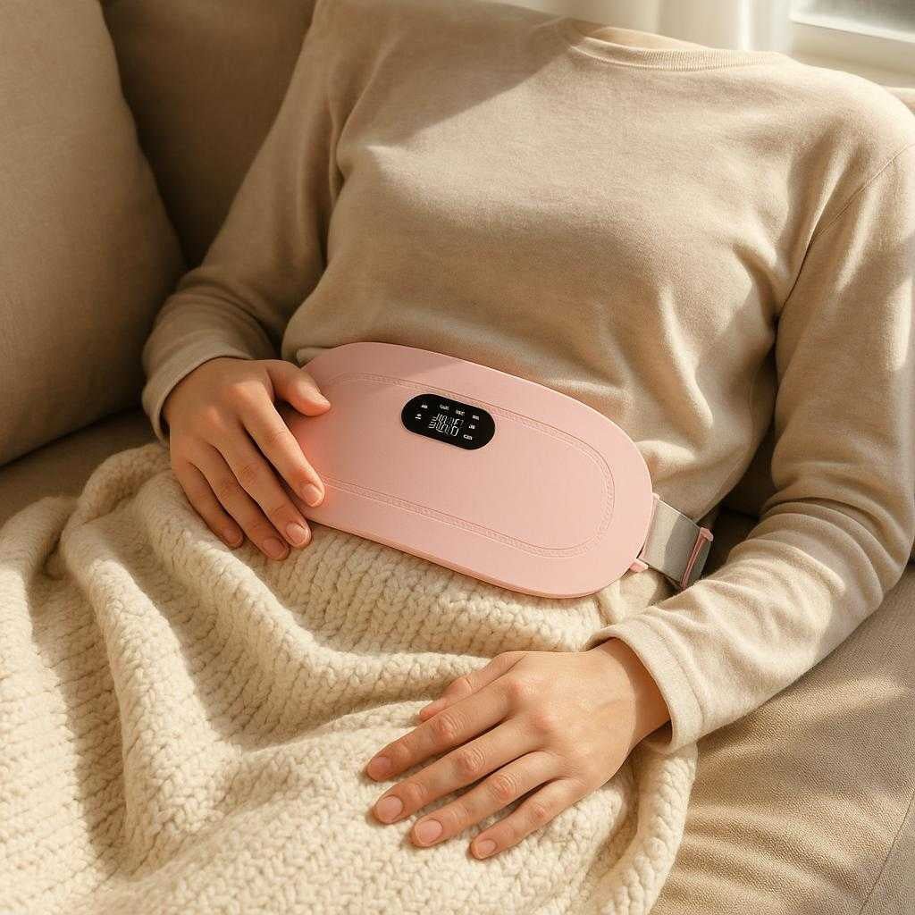 menstruationssmerter-varmepude-med-ergonomisk-desi_15061923496323_scene1 Menstruationssmerter Varmepude med Ergonomisk Design og Høj Kvalitet til Lindring: A realistic cozy living room setting where the product is properly grounded on a comfortable sofa, being actively used by a person who's relaxing with a blanket around them, with natural lighting from a nearby window casting realistic shadows and showing clear contact points where the product touches the person's abdomen.