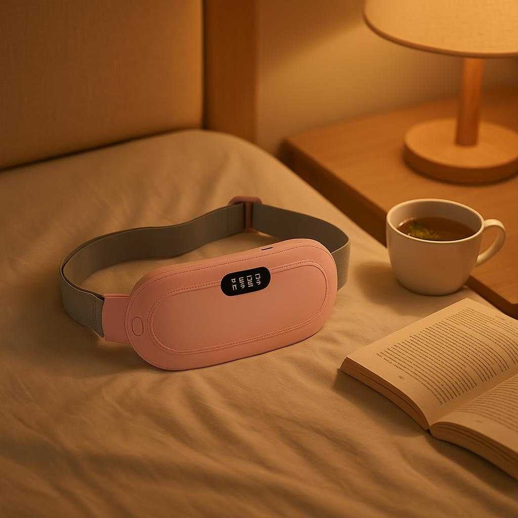 menstruationssmerter-varmepude-med-ergonomisk-desi_15061923496323_scene2 Menstruationssmerter Varmepude med Ergonomisk Design og Høj Kvalitet til Lindring: A different realistic bedroom setting where the product is securely positioned on a neatly made bed, placed naturally beside a cup of herbal tea and an open book, with warm lighting from a bedside lamp creating soft shadows and realistic integration into the peaceful nighttime environment.
