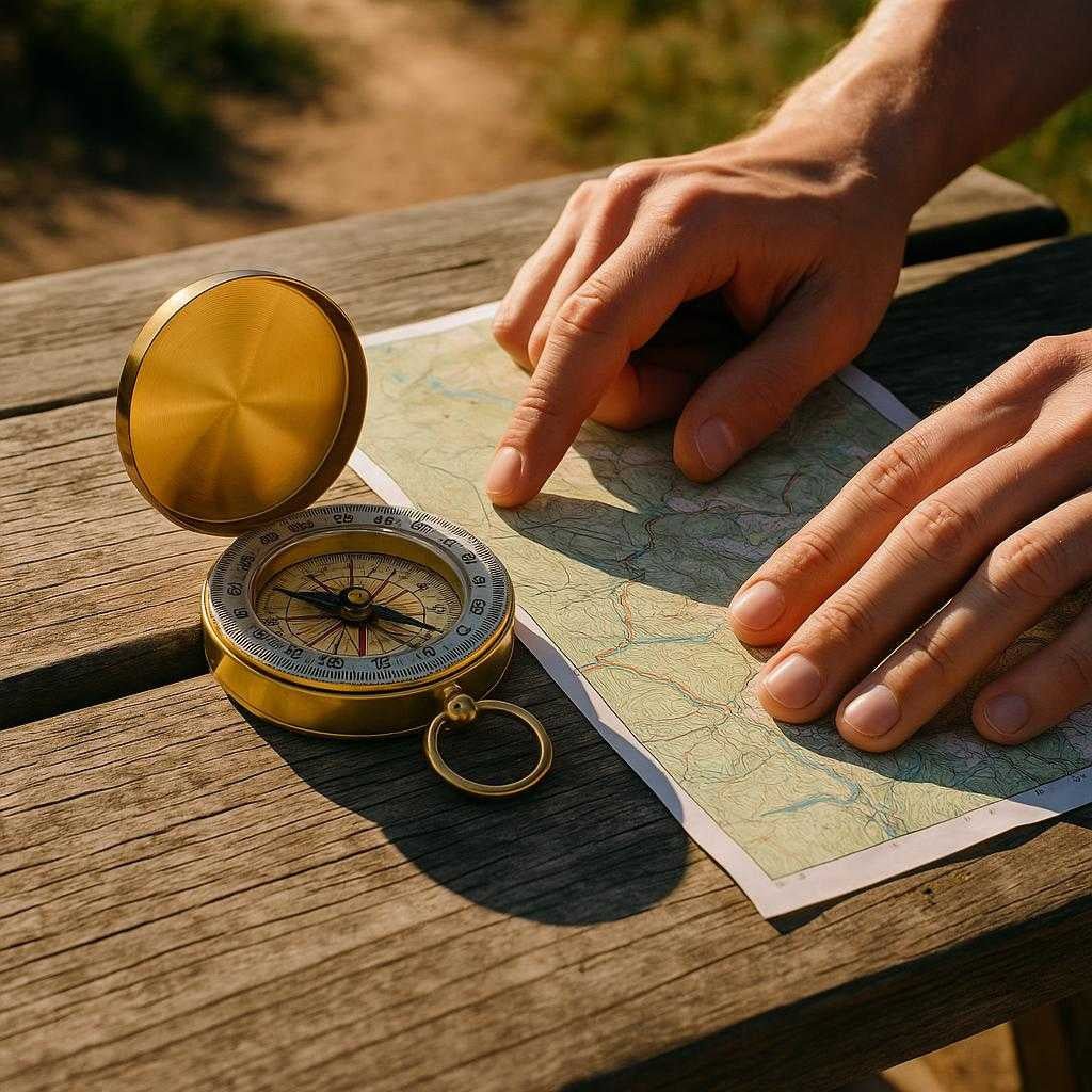 messinglook-kompas-i-klassisk-design-med-lg-hj-k_15251849412995_scene1 Messinglook Kompas i Klassisk Design med Låg - Høj Kvalitet & Professionelt Navigationsværktøj: A realistic hiking trail where the product is properly grounded on a wooden table at a campsite, being actively used by a person's hands to navigate a map placed beside it, with natural sunlight casting realistic shadows and showing clear contact points where the product touches the table surface.