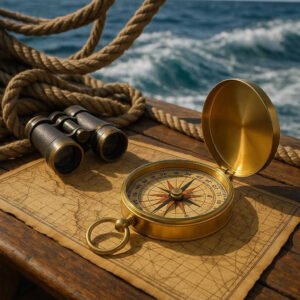 Messinglook Kompas i Klassisk Design med Låg - Høj Kvalitet & Professionelt Navigationsværktøj. The classic brass compass rests open on an old nautical map on a wooden ship deck, surrounded by ropes and binoculars, while the ocean waves crash in the background.