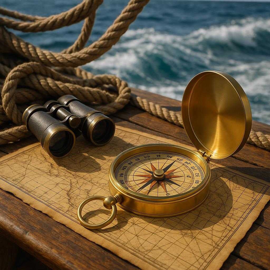 messinglook-kompas-i-klassisk-design-med-lg-hj-kvalitet-professionelt-navigationsvrktj-the-classic-brass-compass-rests_15251849412995_scene2 Messinglook Kompas i Klassisk Design med Låg - Høj Kvalitet & Professionelt Navigationsværktøj. The classic brass compass rests open on an old nautical map on a wooden ship deck, surrounded by ropes and binoculars, while the ocean waves crash in the background.