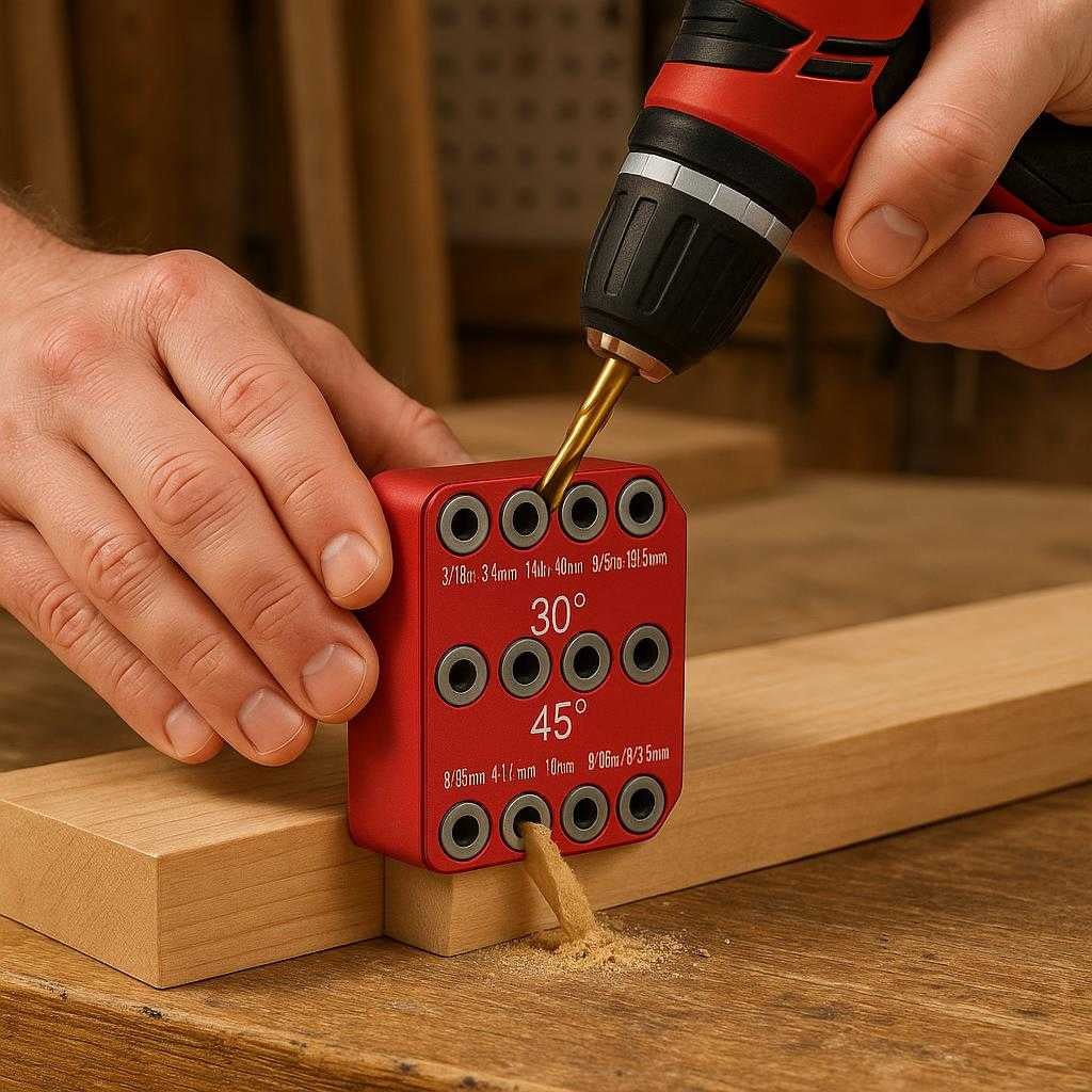 metalbor-skabelon-i-rd-forbedret-prcision-og-sol_15378295062915_scene1 Metalbor skabelon i rød - Forbedret præcision og solid konstruktion: A realistic woodworking shop setting where the product is properly grounded on a sturdy workbench, being actively used by a person's hands to guide a drill for precise angled holes in a wooden plank, with natural lighting casting realistic shadows and showing clear contact points where the product touches the bench.