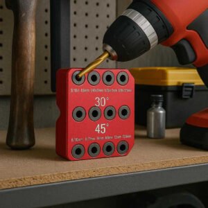 Metalbor skabelon i rød - Forbedret præcision og solid konstruktion: A different realistic home improvement setting where the product is securely positioned on a garage shelf, being naturally placed next to other tools and equipment, emphasizing its construction and utility, with proper physics, shadows, and realistic integration into the organized environment.