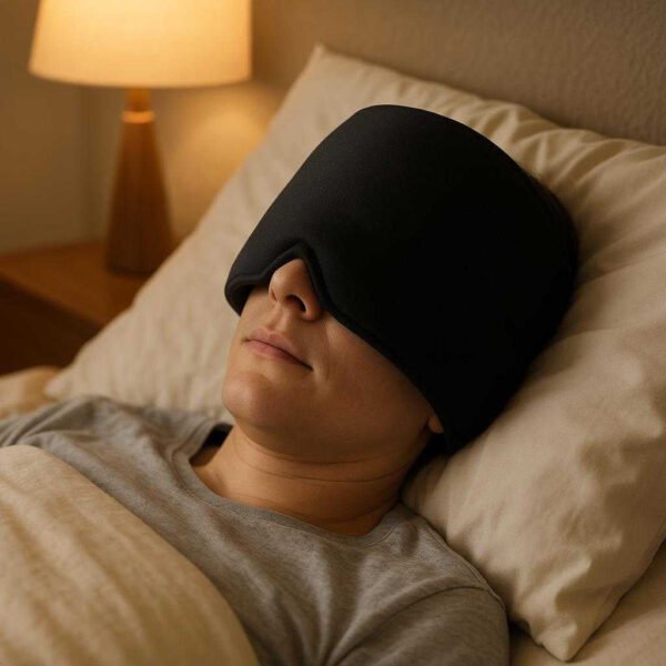 Migrænehat med kølende effekt - Bedste migrænehatten til bedre søvnkvalitet og lindring af hovedpine: A realistic bedroom setting where the Migraine Hat is properly grounded on a plush pillow, being actively used by a person lying comfortably in bed, with gentle natural lighting from a bedside lamp casting realistic shadows and showing clear contact points where the hat touches the pillow and the person's head.