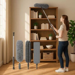 Mikrofiber støvklud med teleskopisk stang og udskiftelige hoveder - Grå, Hvid og Blå: A realistic living room setting where the product is properly grounded on a hardwood floor, being actively used by a person to dust the top of a high bookshelf.