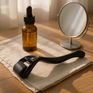 Mikronålerulle til hudforyngelse - 0.5 mm titaniumsnåle, forbedrer hudtekstur og serumabsorption: A different realistic vanity scene in a well-lit bedroom, where the microneedle roller is securely positioned on a wooden vanity, placed naturally next to a bottle of serum and a small mirror.