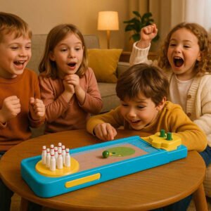 Minibowlingbane i blå og gul - Kompakt og nem at opsætte for sjov indendørs leg. In a cozy living room setting, children excitedly gather around the blue and yellow mini bowling game, cheering as a player launches a ball towards the pins, with a couch and a coffee table visible in the background.