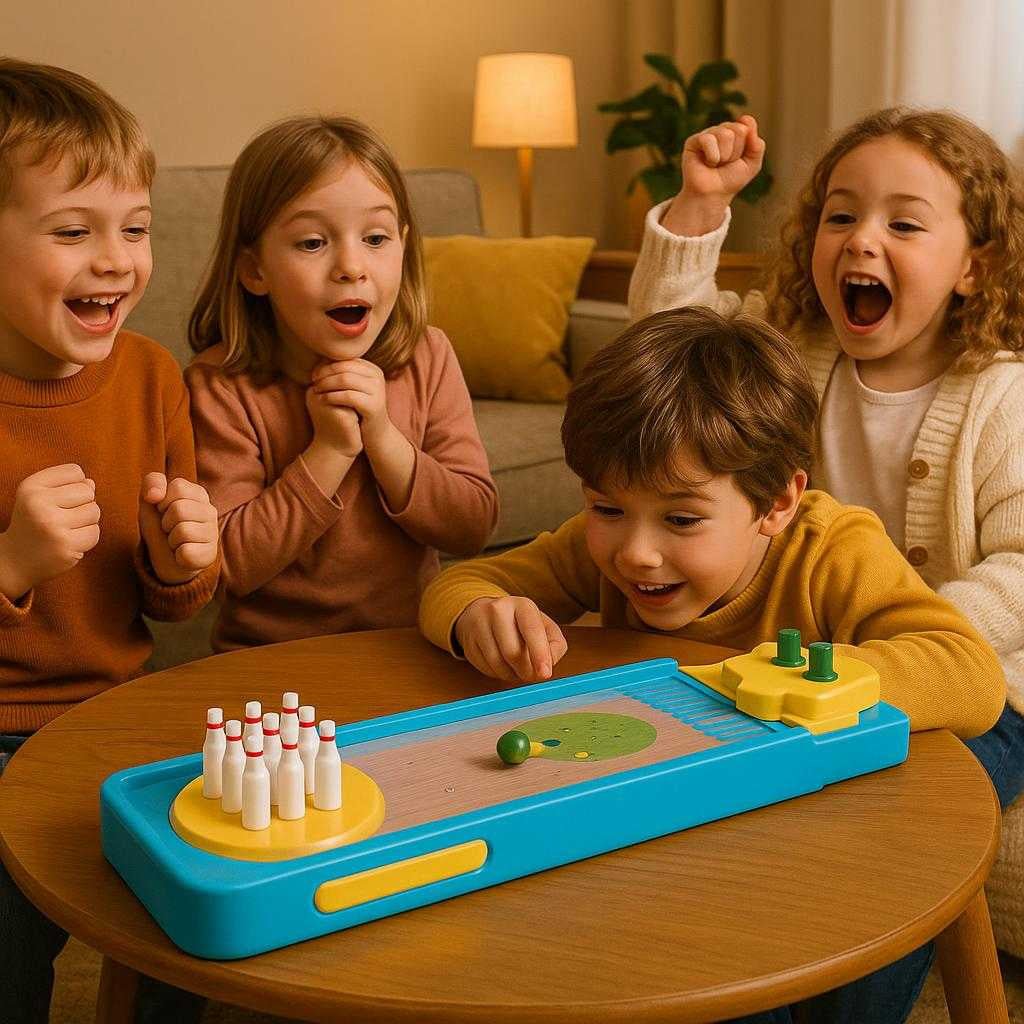 minibowlingbane-i-bl-og-gul-kompakt-og-nem-at-opstte-for-sjov-indendrs-leg-in-a-cozy-living-room_15238156452227_scene1 Minibowlingbane i blå og gul - Kompakt og nem at opsætte for sjov indendørs leg. In a cozy living room setting, children excitedly gather around the blue and yellow mini bowling game, cheering as a player launches a ball towards the pins, with a couch and a coffee table visible in the background.