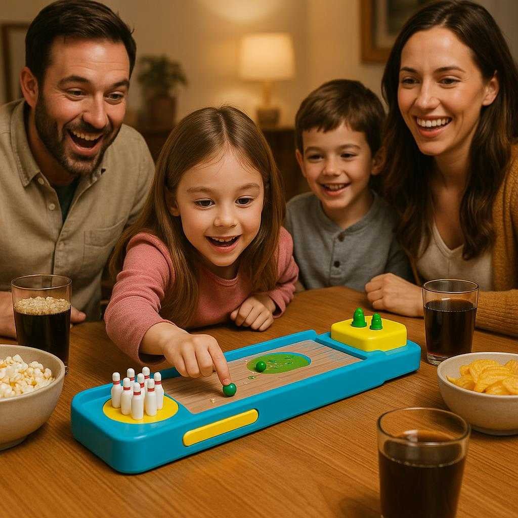 minibowlingbane-i-bl-og-gul-kompakt-og-nem-at-opstte-for-sjov-indendrs-leg-on-a-family-game-night_15238156452227_scene2 Minibowlingbane i blå og gul - Kompakt og nem at opsætte for sjov indendørs leg. On a family game night, the compact mini bowling game is playfully set on a dining table, surrounded by snacks and drinks, as parents and children take turns to bowl, laughing and enjoying the friendly competition.