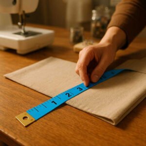 Målebånd i Farverig Plast - Blå, Grøn, Gul, Hvid, Lyserød, Sort - Professionel Præcision: A realistic sewing room setting where the colorful measuring tape is properly grounded on a wooden table, being actively used by a person to measure fabric.