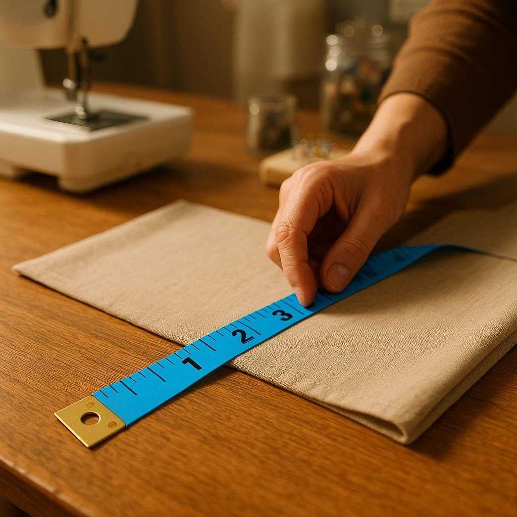 mlebnd-i-farverig-plast-bl-grn-gul-hvid-lyserd-s_15245537771907_scene1_dc3c277b-6909-42b6-94fb-9bde229eb570 Målebånd i Farverig Plast - Blå, Grøn, Gul, Hvid, Lyserød, Sort - Professionel Præcision: A realistic sewing room setting where the colorful measuring tape is properly grounded on a wooden table, being actively used by a person to measure fabric.