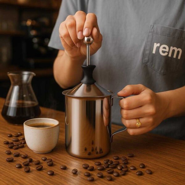 Mælkeskummer i sølvfarvet rustfrit stål, plastik og solid konstruktion - let at bruge, hurtig skumning, holdbar: A different realistic café environment where the mælkeskummer is securely positioned on a wooden table, naturally placed among other coffee-making tools.