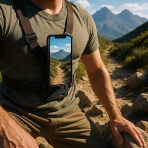 Mobilholder Justerbar & Robust til Aktiv Brystsele i Sort - Universel Størrelse: A realistic hiking trail setting where the mobile holder is securely attached to a person's chest harness, being actively used to record a scenic mountain view on a bright, sunny day.
