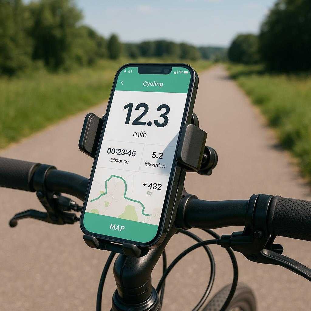 mobilholder-med-trdls-opladning-og-sugekop-profe_15061926084995_scene2 Mobilholder med trådløs opladning og sugekop - Professionel funktionalitet til bil og cykel: A different realistic outdoor cycling setting where the product is securely positioned on a bicycle handlebar.