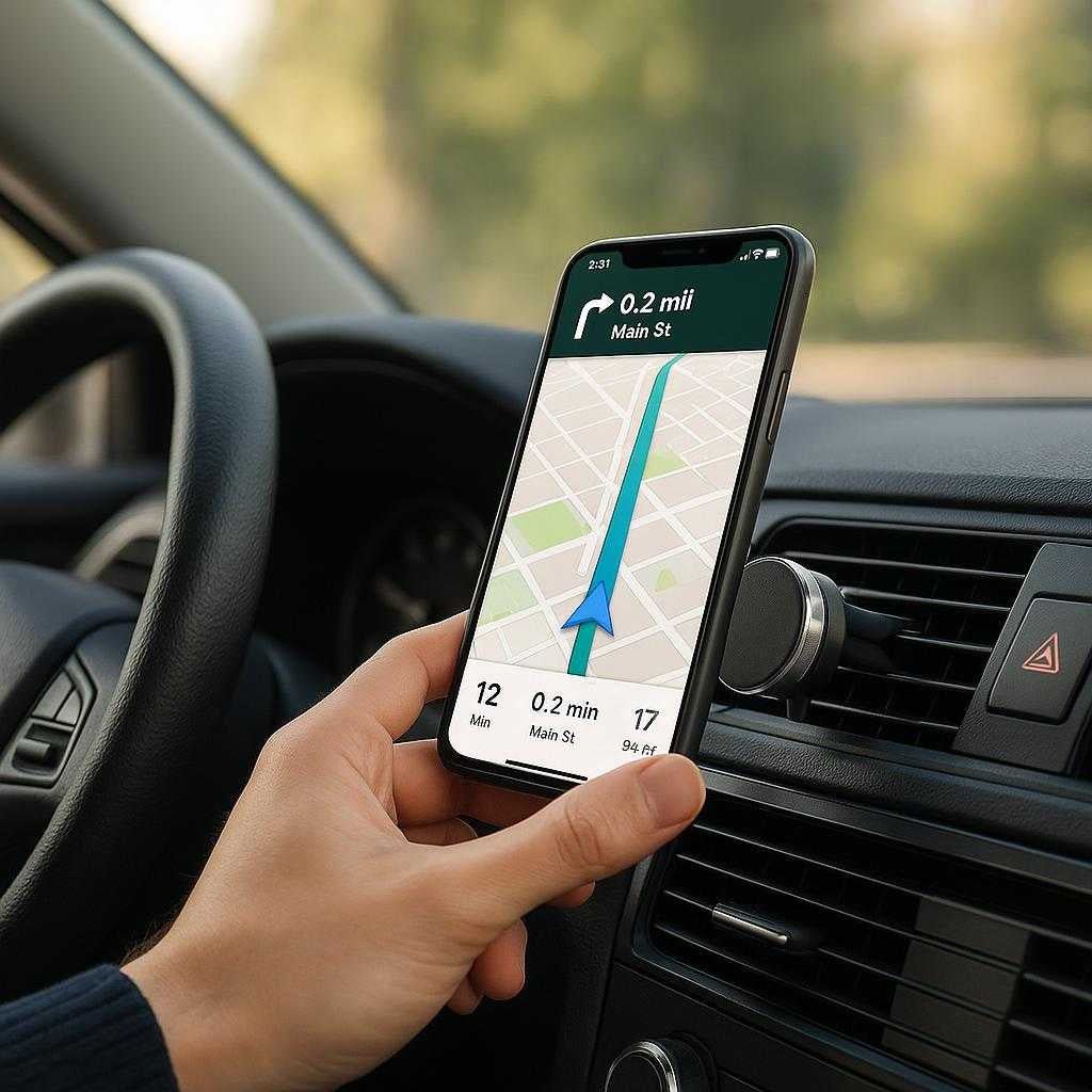 mobilholder-til-bil-sikker-og-justerbar-holder-m_15061921890691_scene1 Mobilholder til Bil - Sikker og Justerbar Holder med Magnetisk Design til Ventilation, Professionel Kvalitet: A realistic car interior setting where the mobile holder is properly grounded on a car's air vent, being actively used by a driver who is adjusting their GPS on a smartphone.