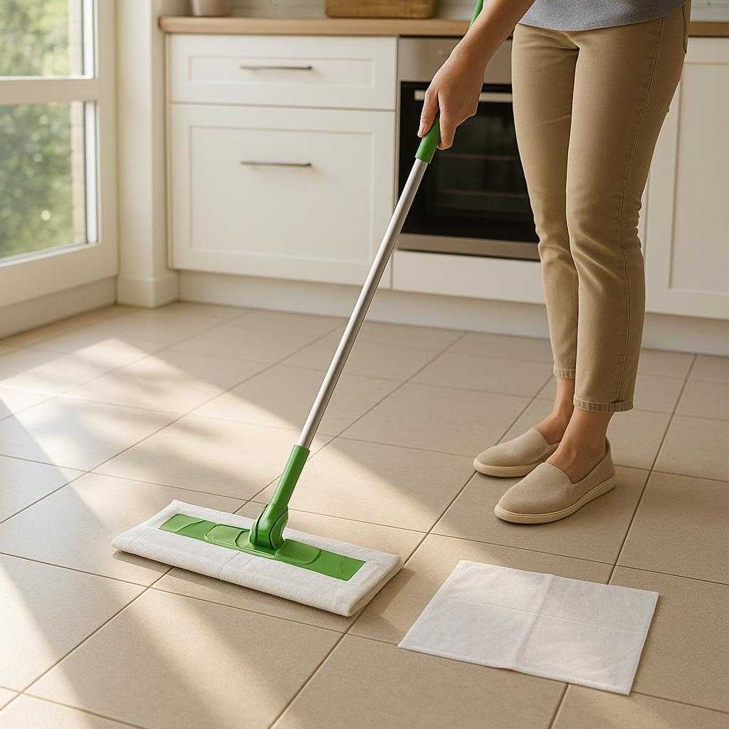 moppeark-til-effektiv-rengring-stvfri-og-engangs_15220988641667_scene1 Moppeark til Effektiv Rengøring - Støvfri og Engangs Klude til Tør og Våd Rengøring: A realistic modern kitchen setting where the product is properly grounded on a tiled floor, being used by a person cleaning the floor with the mop handle, with natural sunlight streaming in through a window, casting realistic shadows and showing clear contact points where the mop pad touches the floor.