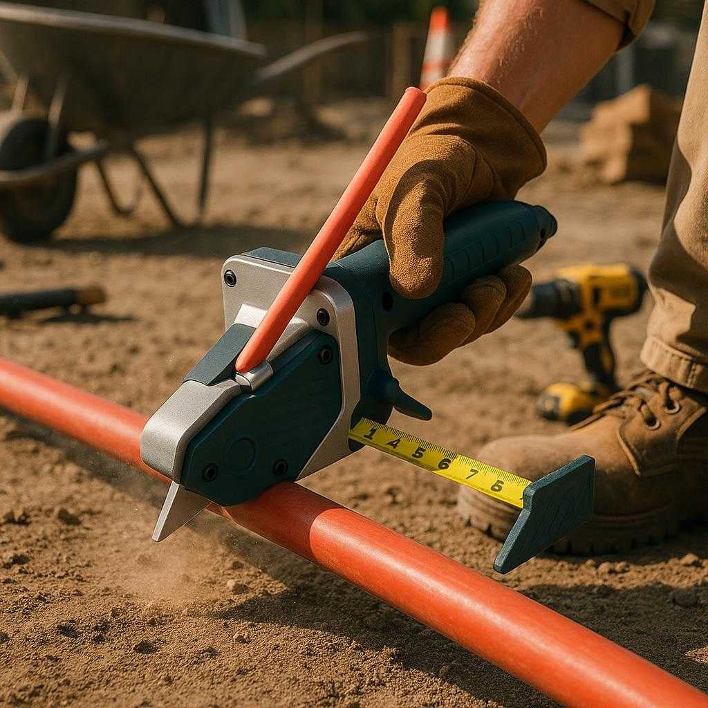 multi-materiale-skrer-i-bl-prcision-og-multifunk_15378293358979_scene2 Multi Materiale Skærer i Blå - Præcision og Multifunktionalitet, Plastik og Metal: A different realistic outdoor construction site where the multi-material cutter is securely positioned on a solid, dirt-covered surface, being used by a construction worker to cut through a piece of plastic piping.