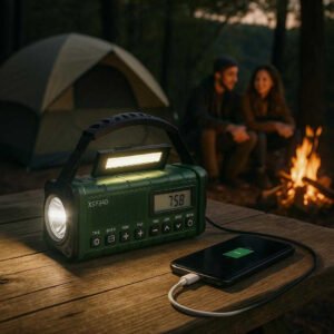 Multifunktionel nødradio med LED-lys, powerbank og alarmfunktion - Tilgængelig i fire farver: A serene camping scene at dusk in the woods, where the multifunctional emergency radio sits on a rustic wooden picnic table.