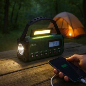 Multifunktionel nødradio med LED-lys, powerbank og alarmfunktion - Tilgængelig i fire farver: A serene camping scene at dusk, where the emergency radio is placed on a rustic wooden picnic table surrounded by vibrant green trees.