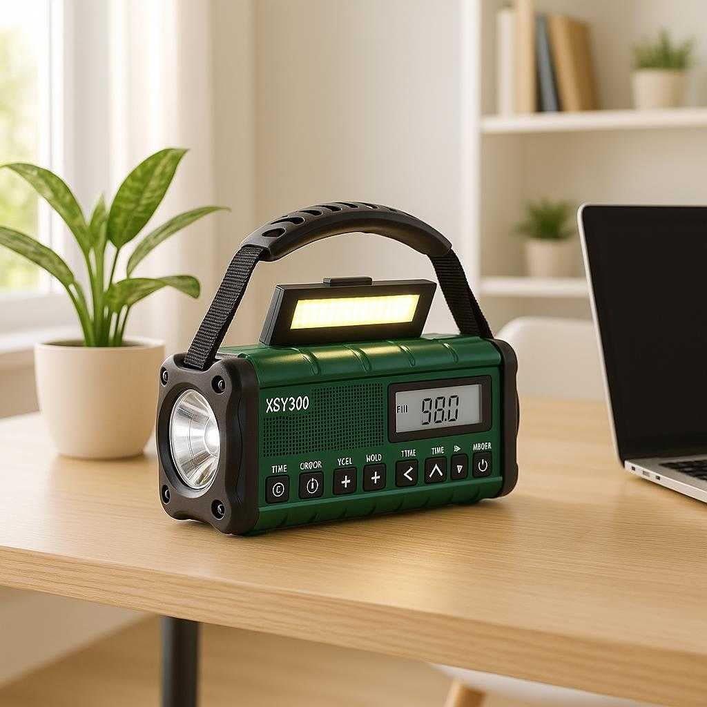 multifunktionel-ndradio-med-led-lys-powerbank-og-a_15230576984451_scene2_60435246-c6b2-47ee-ac8a-b808dd40e101 Multifunktionel nødradio med LED-lys, powerbank og alarmfunktion - Tilgængelig i fire farver: A bright and airy home office environment, where the emergency radio is placed prominently on a modern desk next to a potted plant and a laptop.