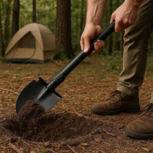Multifunktionsskovl – Sammenklappelig Skovl med Savtakket Kant og Hakke til Udendørs Aktiviteter. The multifunctional folding shovel with a serrated edge is being used to dig a fire pit at a woodland campsite, surrounded by trees and natural foliage, with a tent in the background.