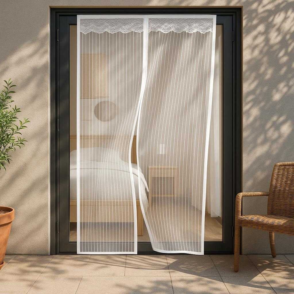 myggenet-magnetisk-skrmdr-til-effektiv-insektbes_15221015249283_scene2 Myggenet - Magnetisk Skærmdør til Effektiv Insektbeskyttelse, Let og Praktisk: A different realistic outdoor patio setting where the screen door is securely positioned on the patio door frame, allowing fresh air to circulate inside while preventing insects from entering.