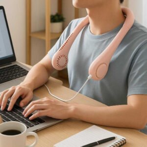 Nakkeventilator med 3 hastigheder, USB-genopladelig, lang batterilevetid - Tilgængelig i 5 farver: A realistic home office setting where the neck fan is properly grounded on a sleek, modern desk, being actively used by a person working on a laptop.