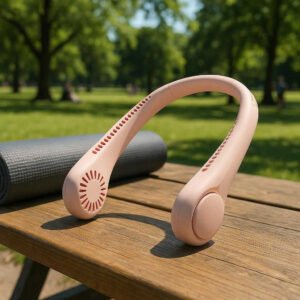 Nakkeventilator med 3 hastigheder, USB-genopladelig, lang batterilevetid - Tilgængelig i 5 farver: A different realistic outdoor park scene where the neck fan is securely positioned on a wooden picnic table, naturally placed beside a yoga mat during a break.