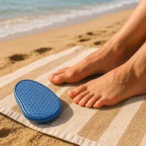 'Nano' Glas Fodskrubber - Rød, Gylden, Blå - Plastik, metal, Gummi - Bærbar og Afslappende: A different realistic outdoor beach setting where the Nano Glass Foot Scrubber in blue is securely positioned on a sandy beach towel, being naturally placed next to bare feet after a refreshing swim, with proper physics, shadows, and realistic integration into the sunny environment.